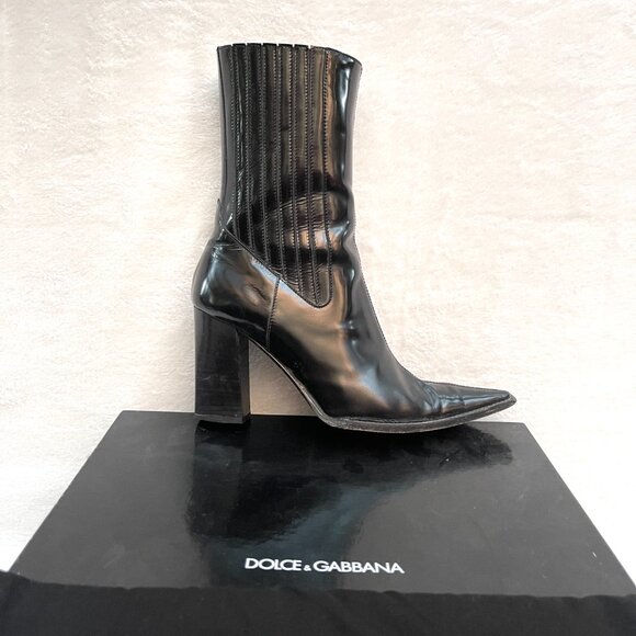 Auc Dolce&Gabbana pointed toe elasticized gores chunky heel smooth leather boots - Picture 5 of 13